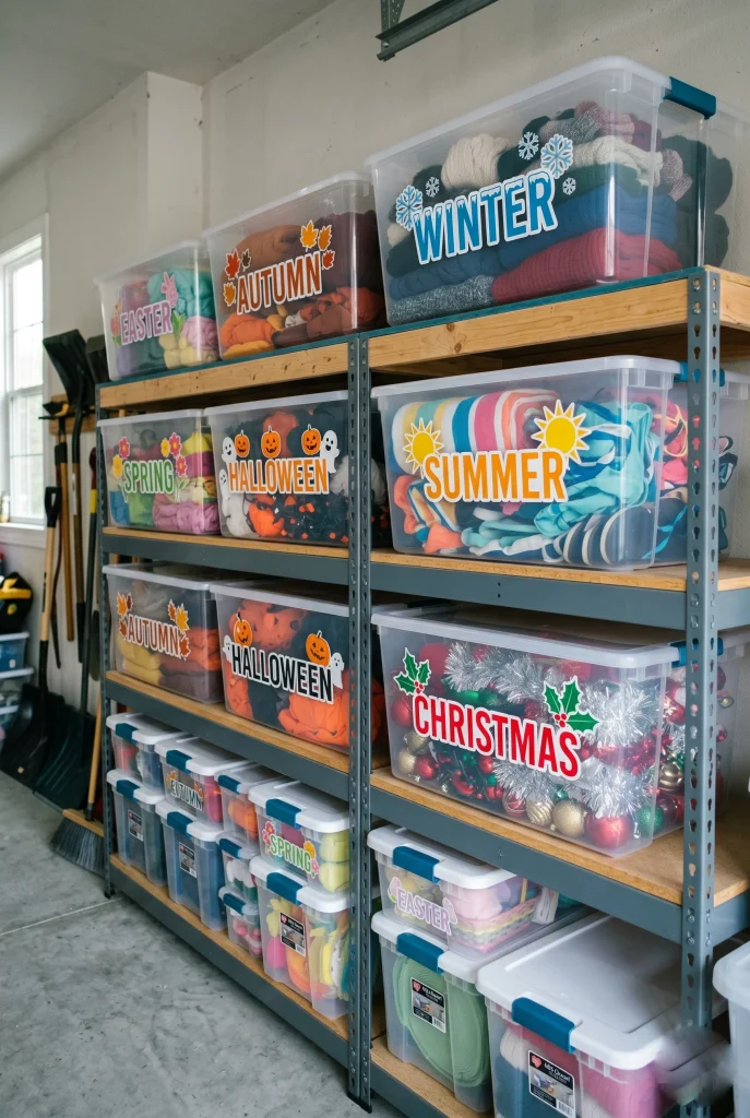 15. Use Clear Stackable Bins for Seasonal Items