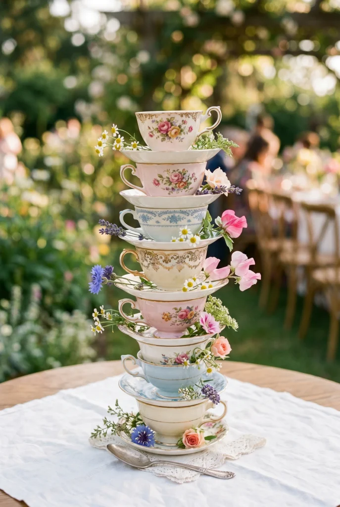 2. Stack Mismatched Teacups as a Centerpiece