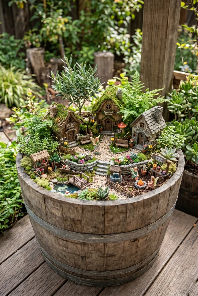 21. Use a Wine Barrel Planter for a Fairy Village