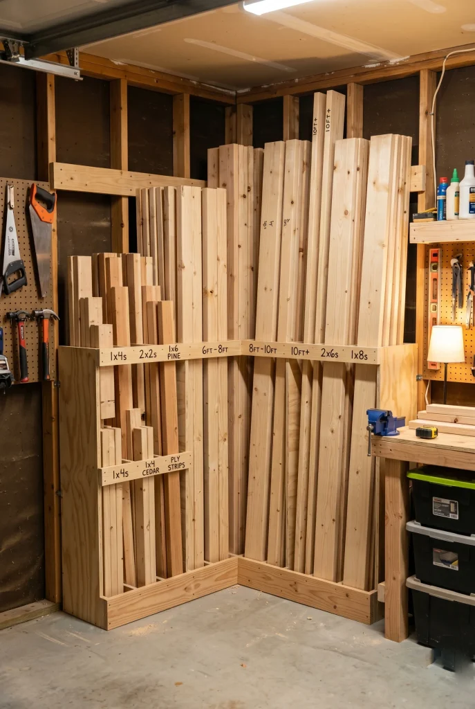 23. Store Lumber Vertically in a Corner Rack