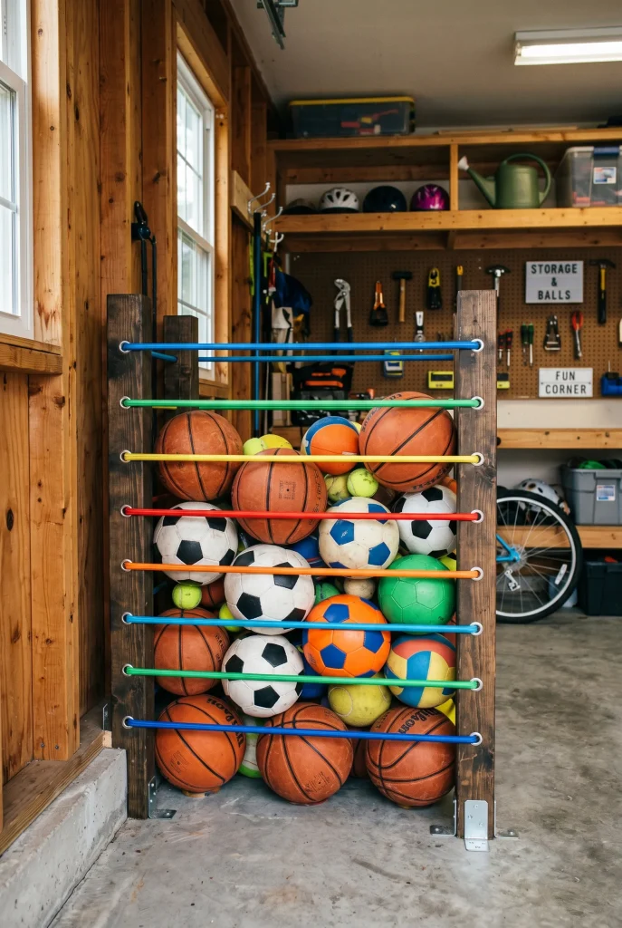 27. Use Bungee Cords for Ball Corral Storage