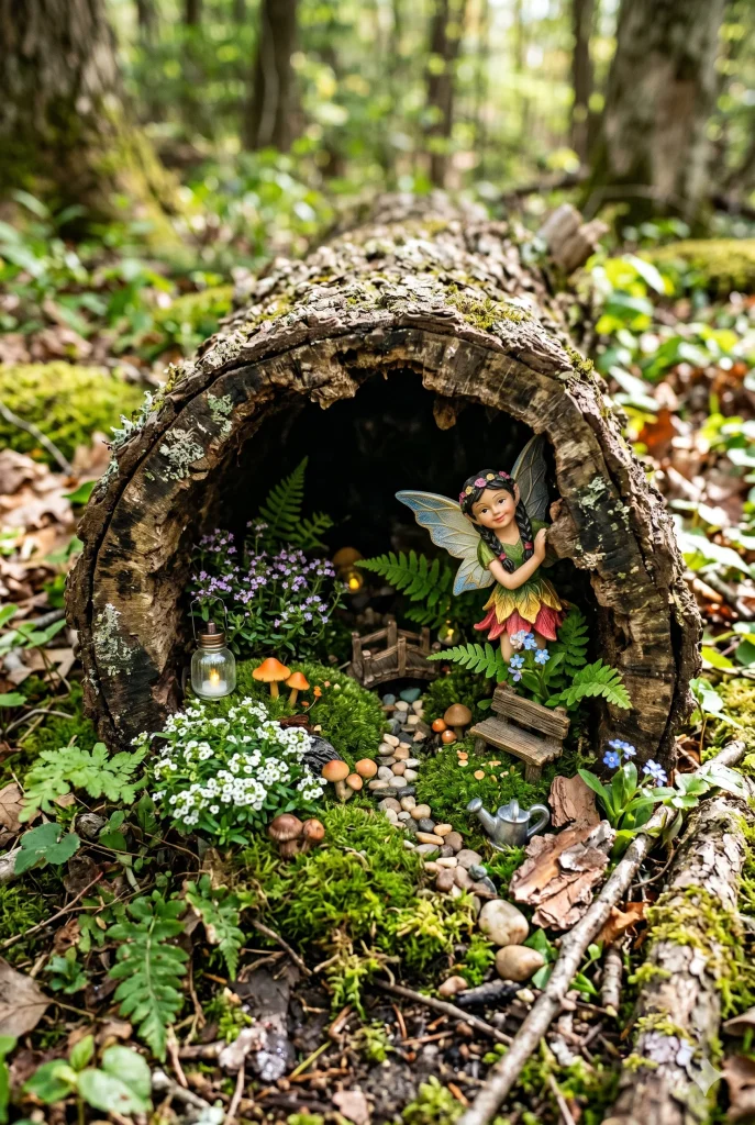 30. Build a Fairy Garden Inside a Hollow Log