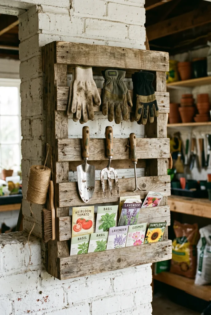 31. Use a Repurposed Pallet as a Garden Tool Wall