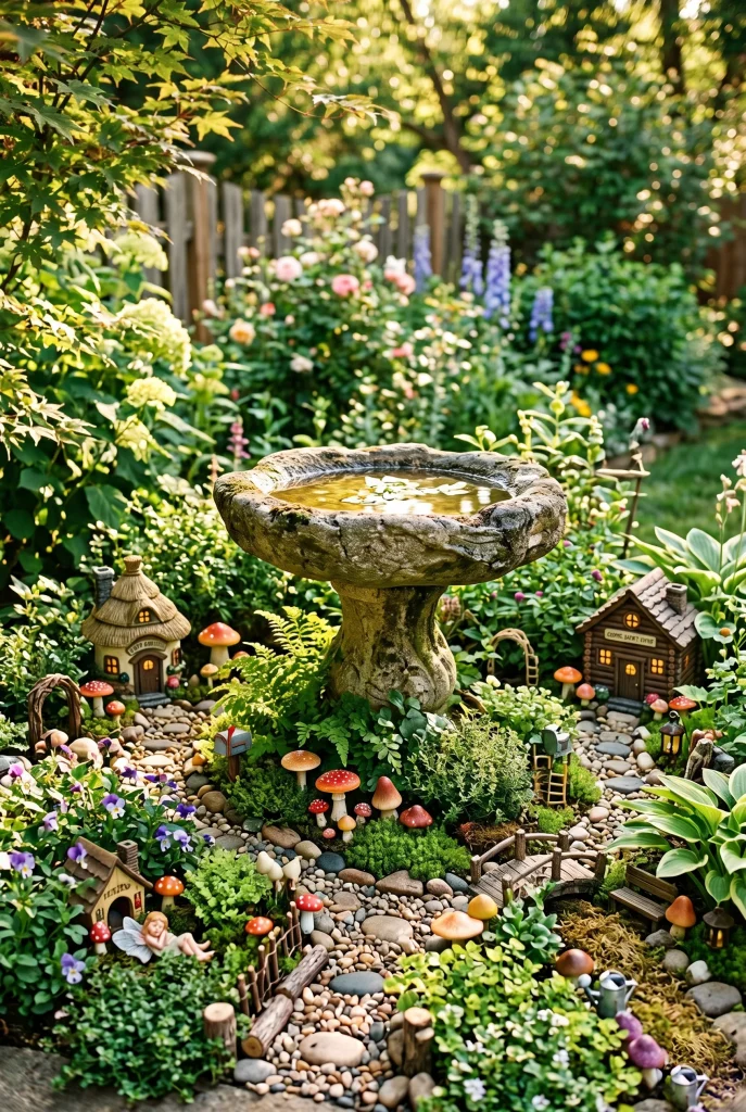 7. Build a Fairy Garden Around a Bird Bath