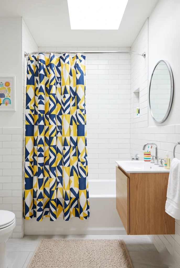 15 Kids Bathroom Ideas That Are Fun and Functional 14 10. Use a Shower Curtain as Your Statement Piece