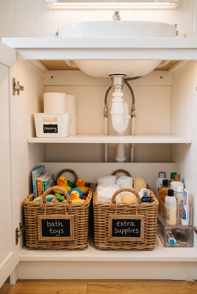 15 Kids Bathroom Ideas That Are Fun and Functional 18 14. Add Labelled Storage Bins Under the Sink
