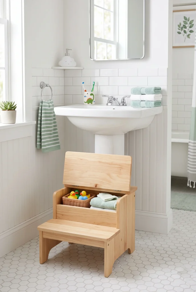 15 Kids Bathroom Ideas That Are Fun and Functional 6 2. Add a Step Stool That Doubles as Storage