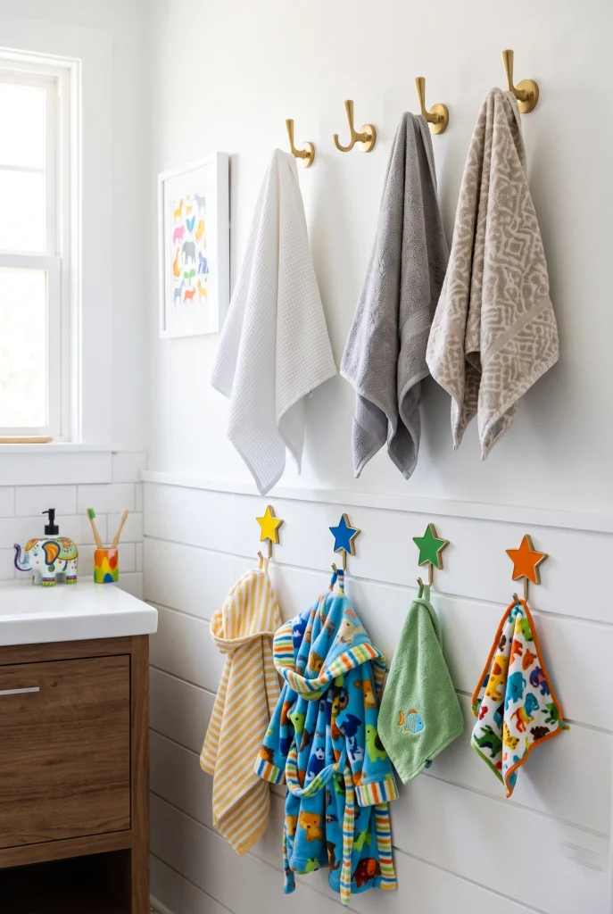 15 Kids Bathroom Ideas That Are Fun and Functional 8 4. Use Lower Hooks for Towels and Robes