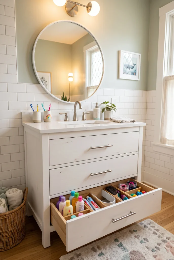 15 Kids Bathroom Ideas That Are Fun and Functional 11 7. Choose a Vanity With Drawers Not Just a Cabinet