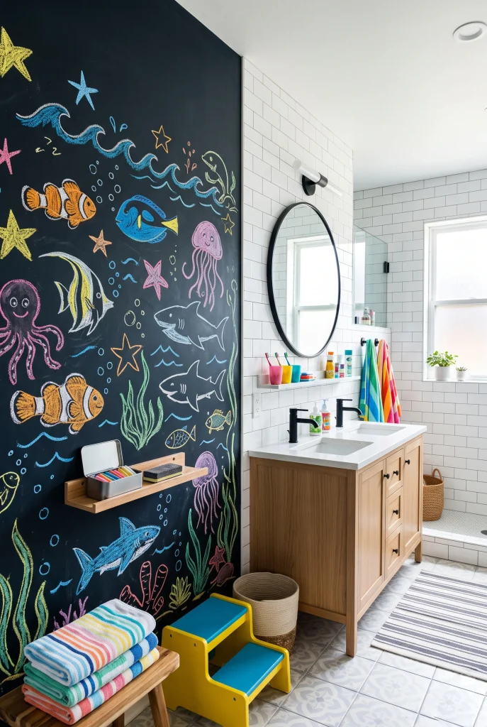 15 Kids Bathroom Ideas That Are Fun and Functional 12 8. Put a Chalkboard Wall in the Mix